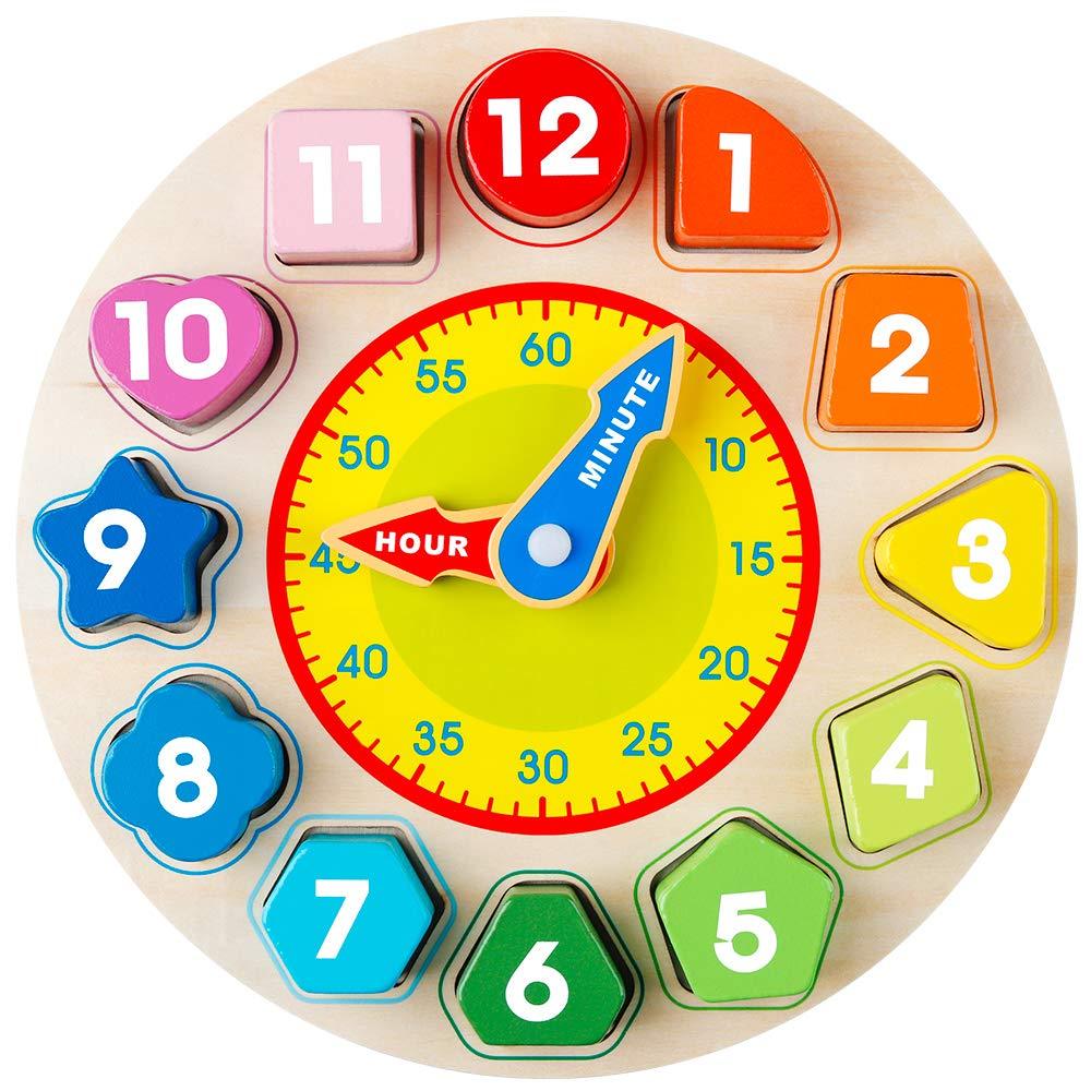 Teaching Time Number Blocks Puzzle Wooden Shape Color Sorting Clock